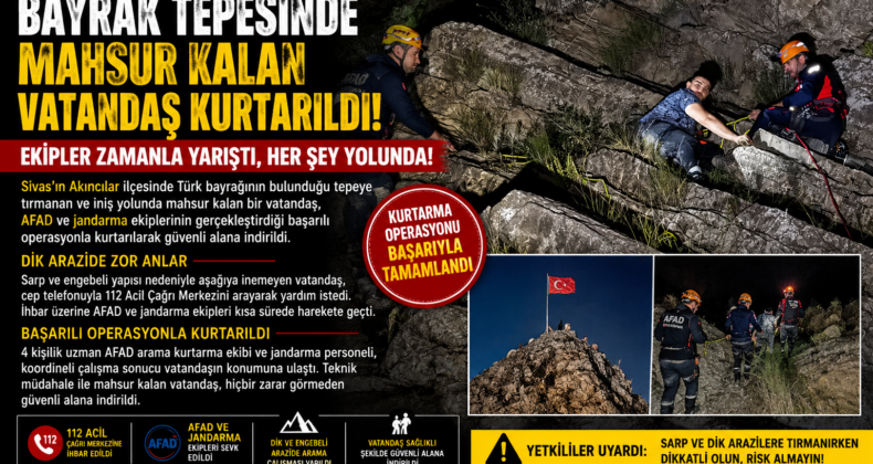 Sivas’ta Bayrak Tepesinde Mahsur Kalan Vatandaş AFAD Tarafından Kurtarıldı